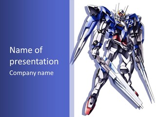 A Blue And White Robot With A Sword On It PowerPoint Template
