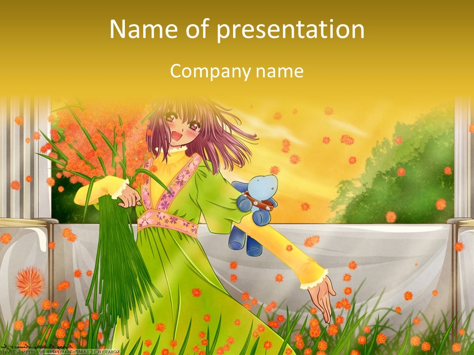 A Woman In A Green Dress Holding A Blue Teddy Bear PowerPoint Template