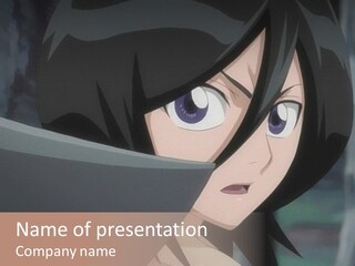 A Woman With Black Hair And Blue Eyes Is Looking At The Camera PowerPoint Template