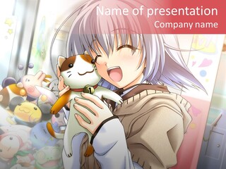 A Woman Holding A Cat In Front Of A Bunch Of Stuffed Animals PowerPoint Template