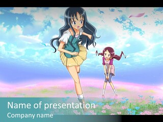 Two Anime Girls In A Field With A Sky Background PowerPoint Template