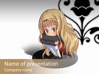 A Girl With Long Blonde Hair Is Holding A Black Object PowerPoint Template