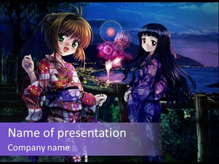 Two Girls Standing Next To Each Other With Fireworks In The Background PowerPoint Template