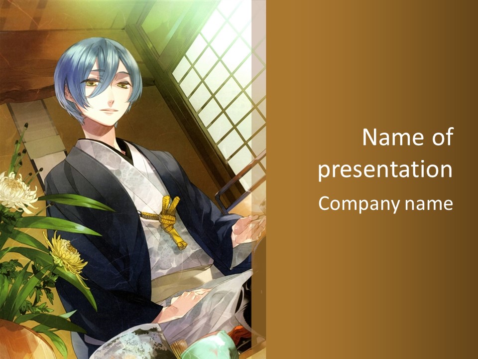 A Woman With Blue Hair Is Sitting In Front Of A Potted Plant PowerPoint Template