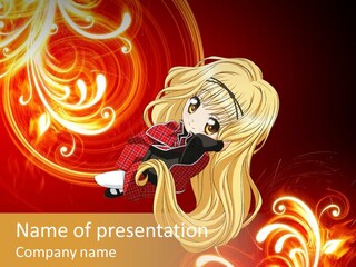 A Woman With Long Blonde Hair Is Standing In Front Of A Red Background PowerPoint Template