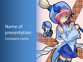 A Girl With Pink Hair And A Blue Hat Is Holding A Broom PowerPoint Template