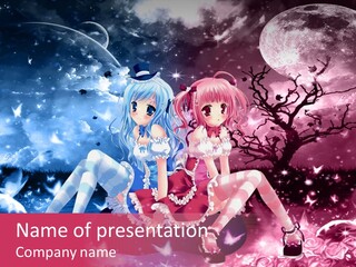 Two Anime Girls Sitting On A Tree In Front Of A Full Moon PowerPoint Template