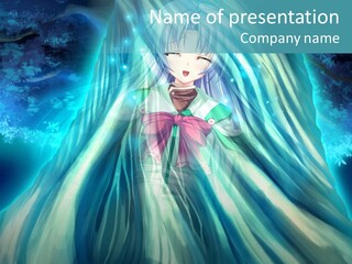 A Woman In A Blue Dress Standing In Front Of A Waterfall PowerPoint Template