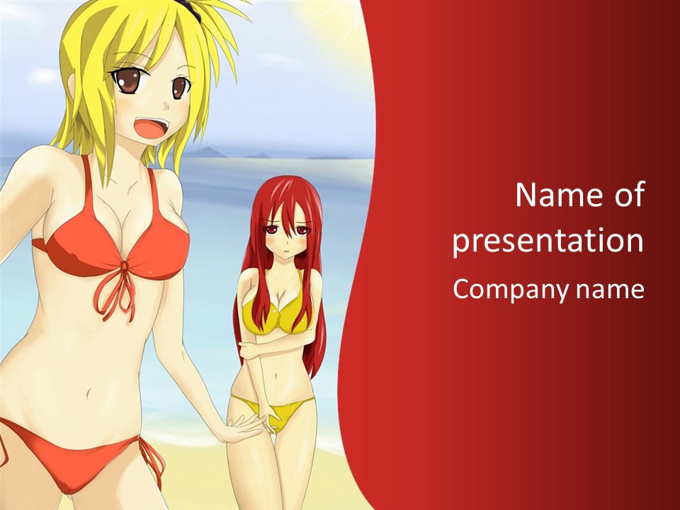 Two Women In Bikinis On The Beach Powerpoint Template PowerPoint Template