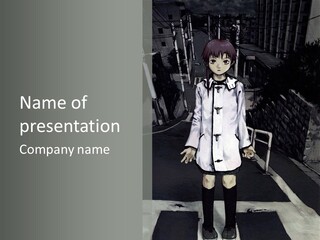 A Girl In A White Coat Is Standing On The Street PowerPoint Template