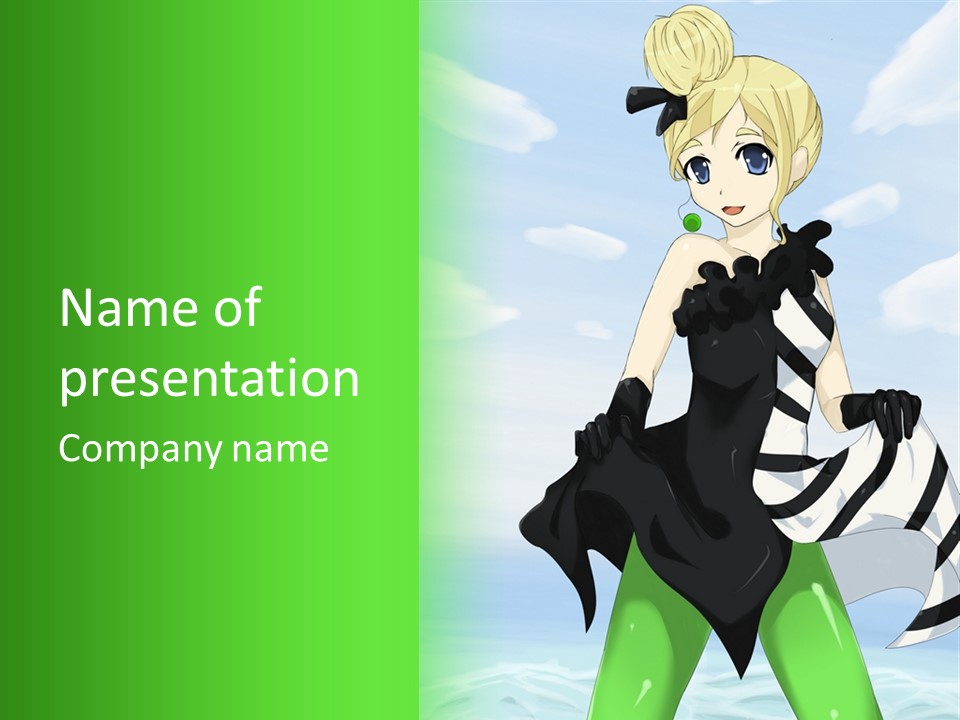 A Woman In A Black And White Dress With A Green Background PowerPoint Template