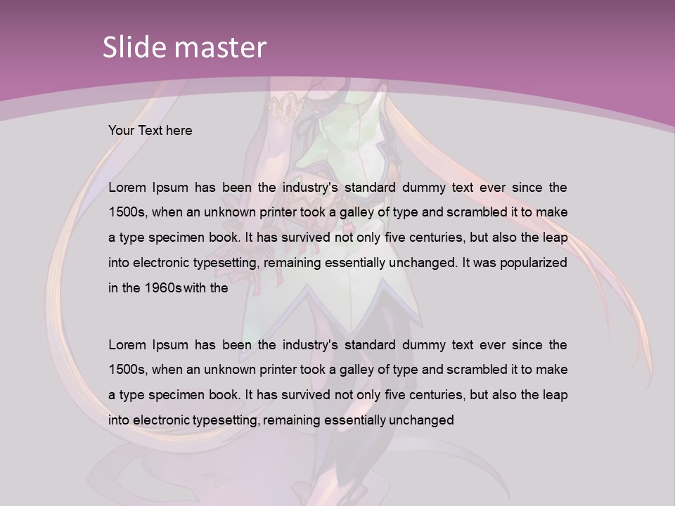 A Woman In A Green Dress With Long Hair Is Standing In Front Of A Purple PowerPoint Template