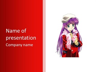 A Girl With Purple Hair And A White Hat Is Standing In Front Of A Red PowerPoint Template