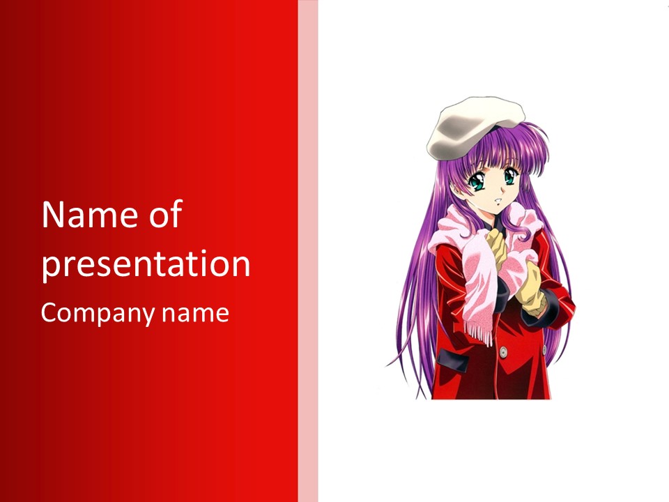 A Girl With Purple Hair And A White Hat Is Standing In Front Of A Red PowerPoint Template