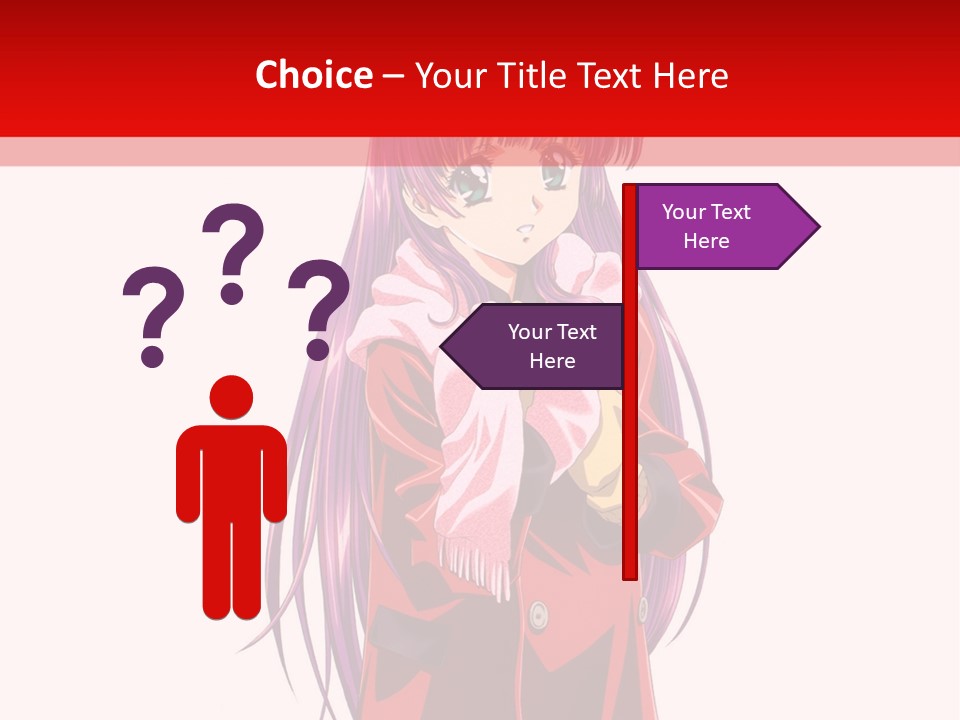A Girl With Purple Hair And A White Hat Is Standing In Front Of A Red PowerPoint Template