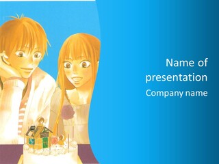 A Couple Of People Sitting At A Table With A Cake In Front Of Them PowerPoint Template