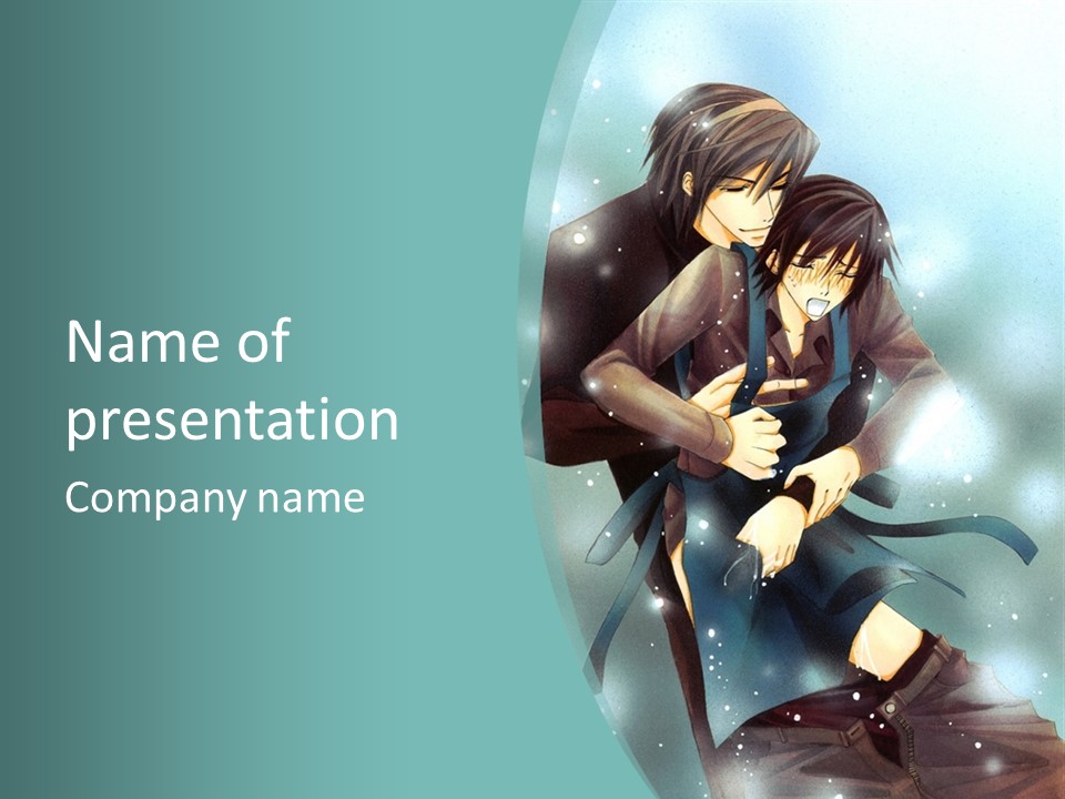 A Couple Of Anime Characters Hugging In Front Of A Blue Background PowerPoint Template