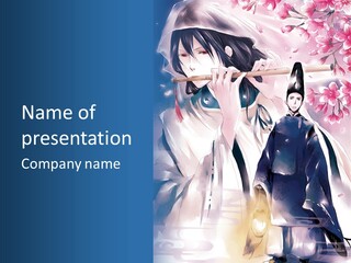 A Man And A Woman In Kimonos With Cherry Blossoms In The Background PowerPoint Template