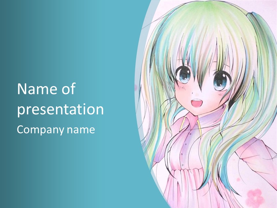 A Girl With Green Hair Is Standing In Front Of A Blue Background PowerPoint Template