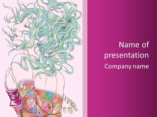 A Woman With Green Hair Is Sitting On A Pink Background PowerPoint Template