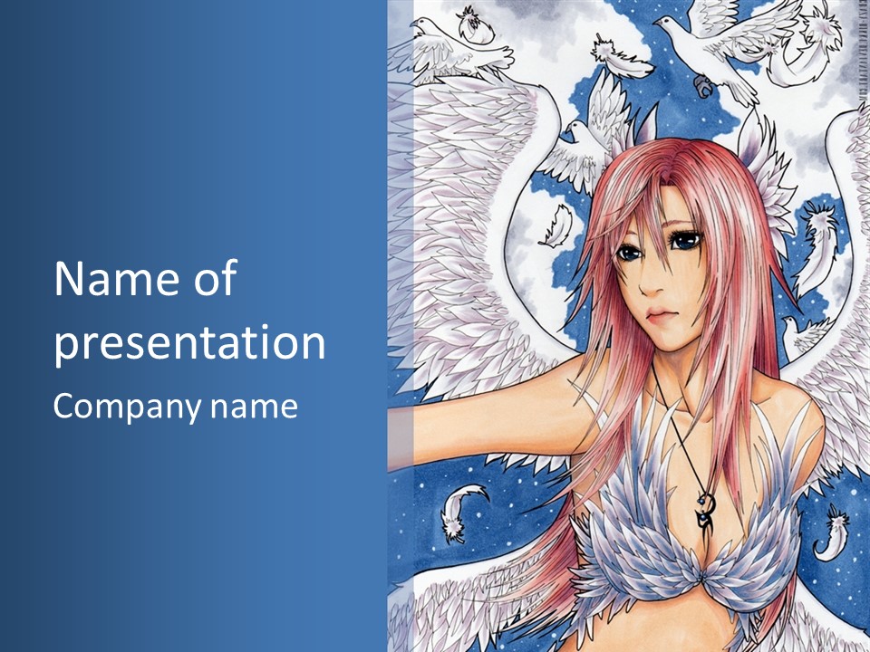 A Woman With Pink Hair And Angel Wings In Front Of A Blue Background PowerPoint Template