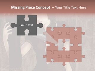 A Woman In A Brown Dress Holding A Black Object PowerPoint Template