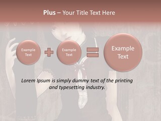 A Woman In A Brown Dress Holding A Black Object PowerPoint Template