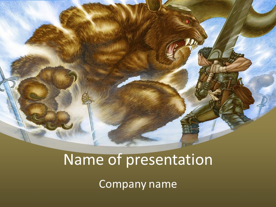 A Man With A Sword And A Big Bear In The Background PowerPoint Template
