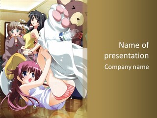 A Group Of Anime Girls In A Room With A Teddy Bear PowerPoint Template