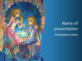 Two Girls Sitting On A Bench In Front Of A Blue Background PowerPoint Template