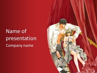 A Man And A Woman Sitting On A Chair In Front Of A Red Curtain PowerPoint Template