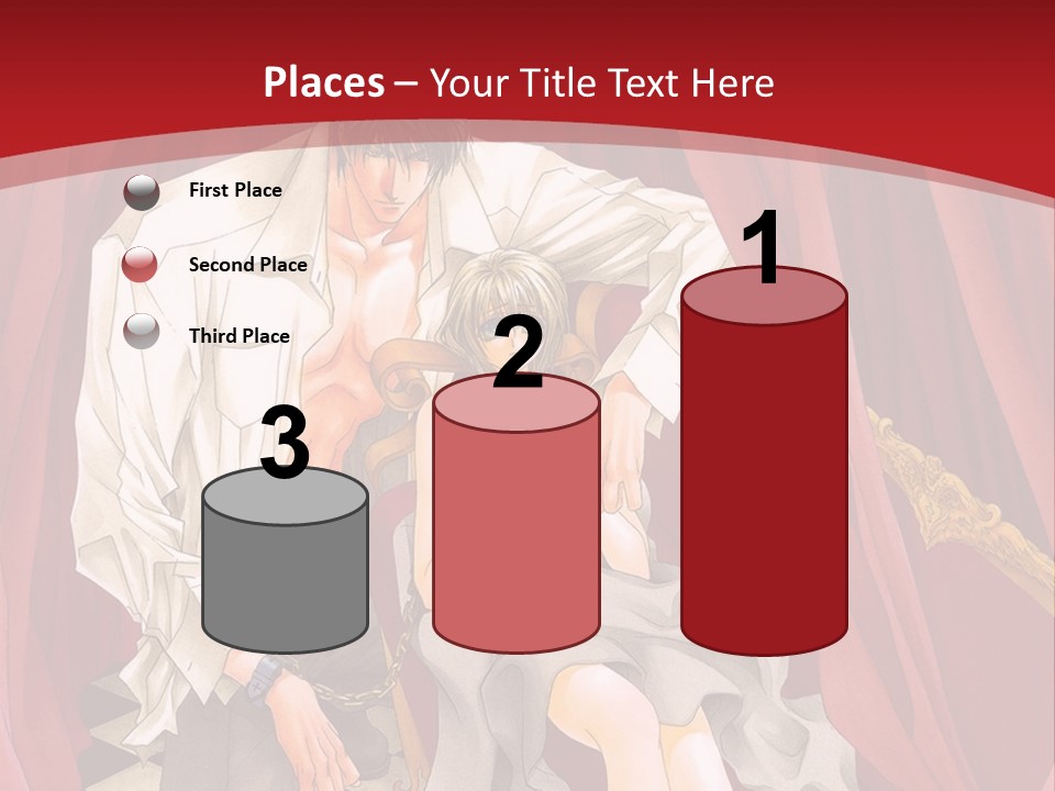 A Man And A Woman Sitting On A Chair In Front Of A Red Curtain PowerPoint Template