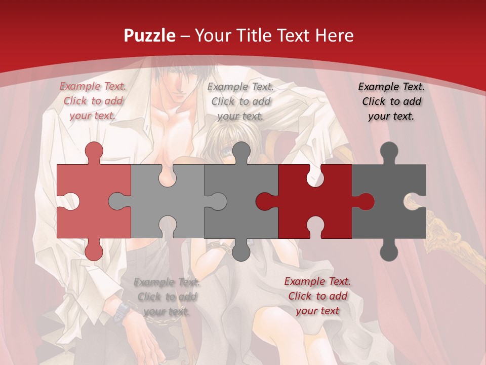 A Man And A Woman Sitting On A Chair In Front Of A Red Curtain PowerPoint Template