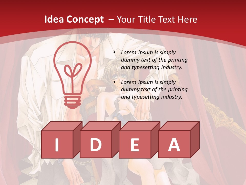 A Man And A Woman Sitting On A Chair In Front Of A Red Curtain PowerPoint Template