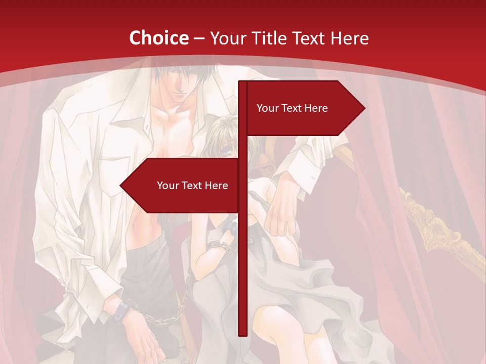 A Man And A Woman Sitting On A Chair In Front Of A Red Curtain PowerPoint Template