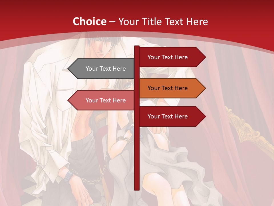 A Man And A Woman Sitting On A Chair In Front Of A Red Curtain PowerPoint Template