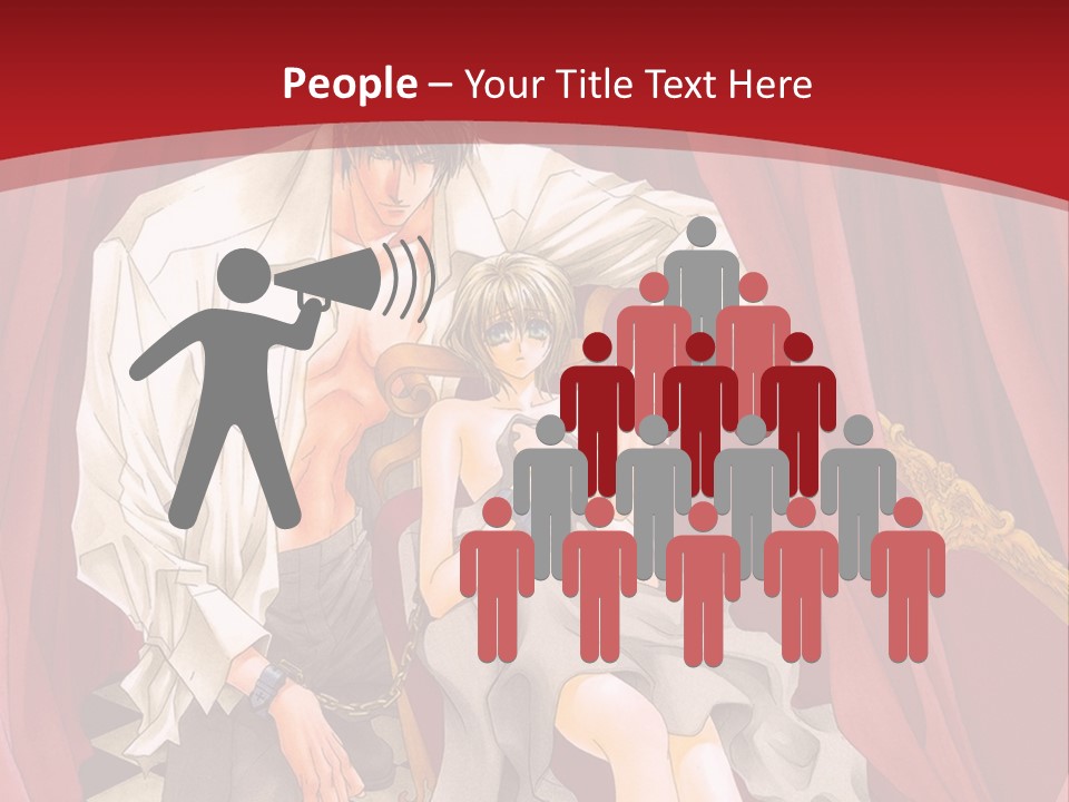 A Man And A Woman Sitting On A Chair In Front Of A Red Curtain PowerPoint Template