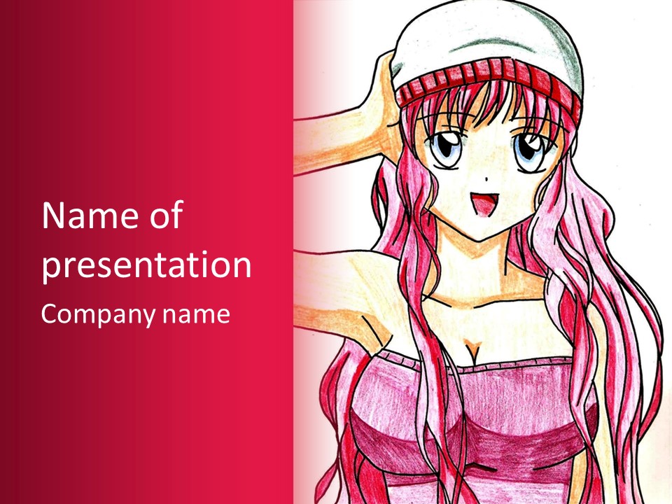 A Drawing Of A Girl With Long Pink Hair PowerPoint Template