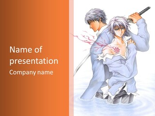 A Man And A Woman Are In The Water With Swords PowerPoint Template