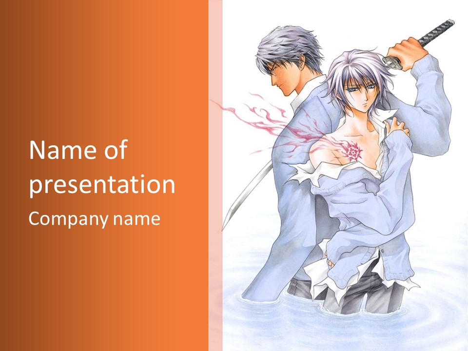 A Man And A Woman Are In The Water With Swords PowerPoint Template