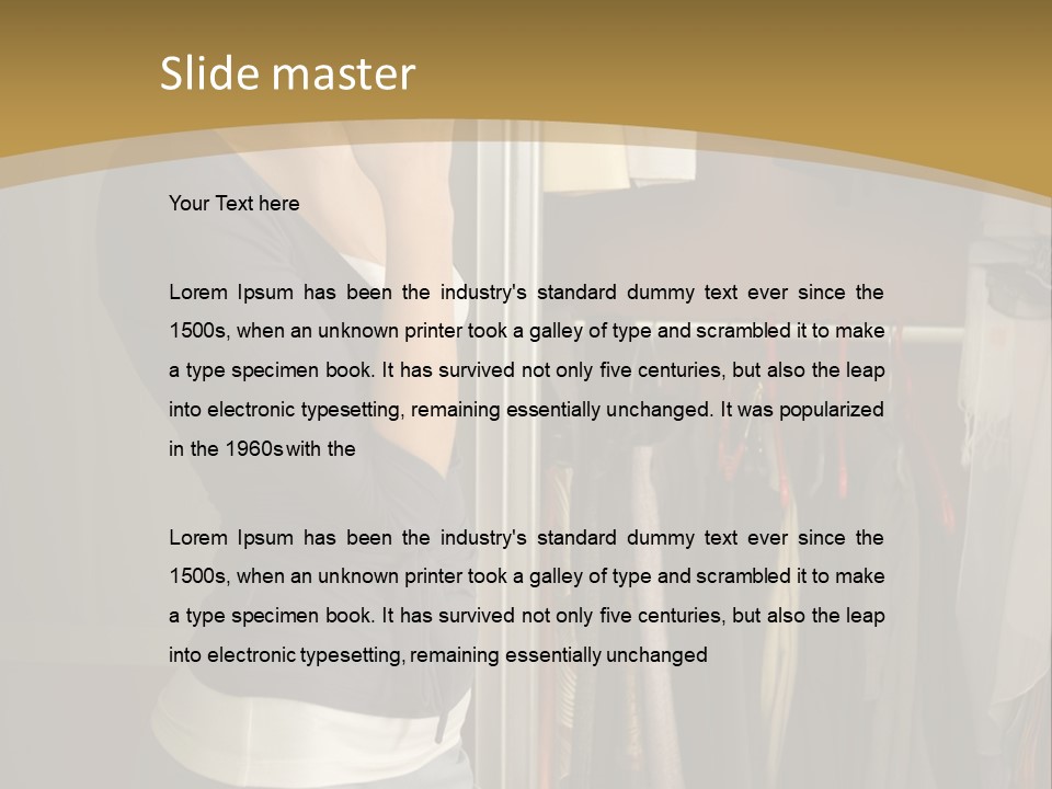 Young Woman Standing At Wardrobe. She Thinking What Get Dressed. PowerPoint Template