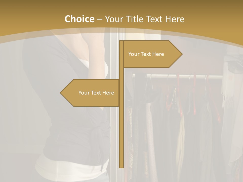 Young Woman Standing At Wardrobe. She Thinking What Get Dressed. PowerPoint Template