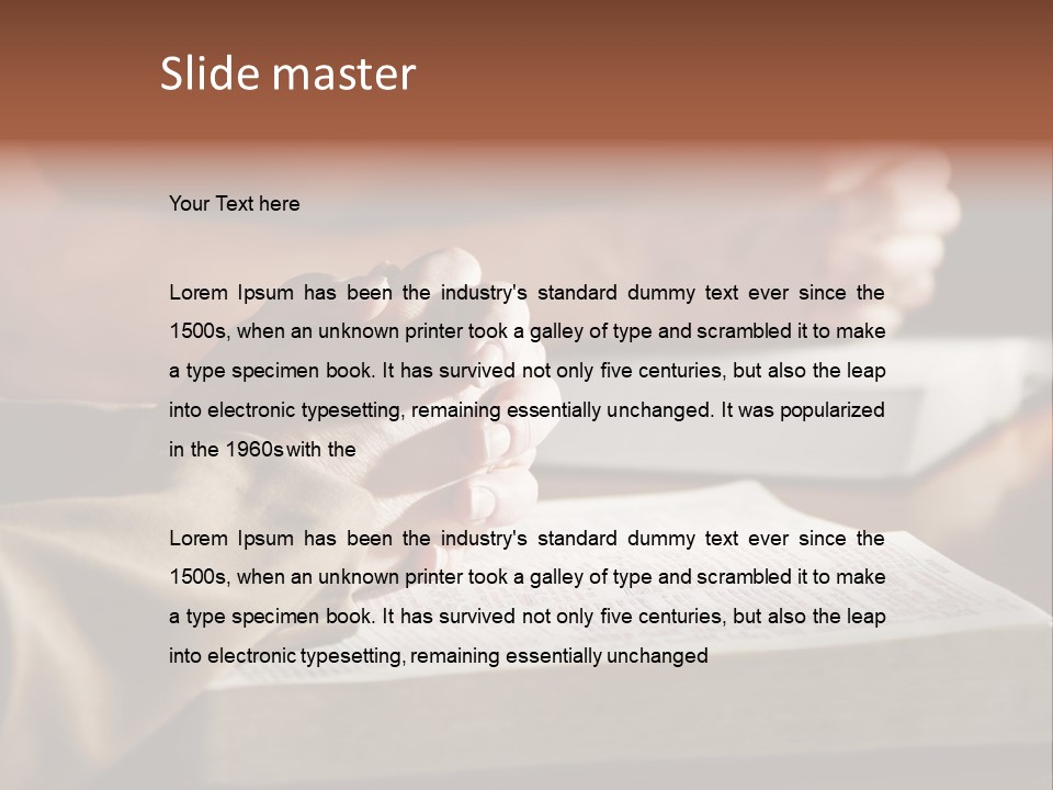 A Couple Prays Together At A Table As Their Hands Rest Upon Their Holy Bibles (Shallow Focus). PowerPoint Template