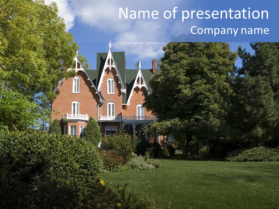 An Ornate, Nineteenth-Century North American Red Brick House In Late Summer. PowerPoint Template