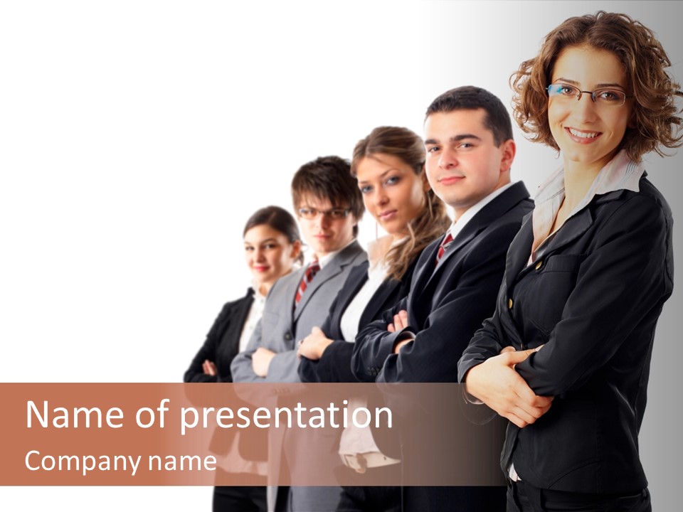 Leader And Her Team, Young Attractive Business People In A Row PowerPoint Template