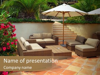 A Patio With A Couch, Chairs And An Umbrella PowerPoint Template