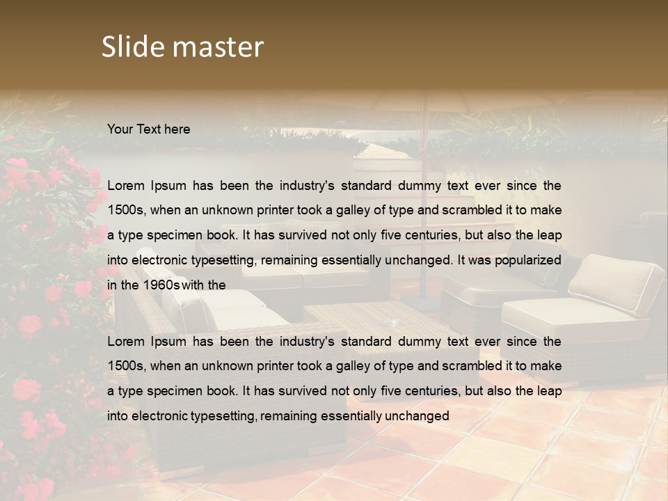 A Patio With A Couch, Chairs And An Umbrella PowerPoint Template