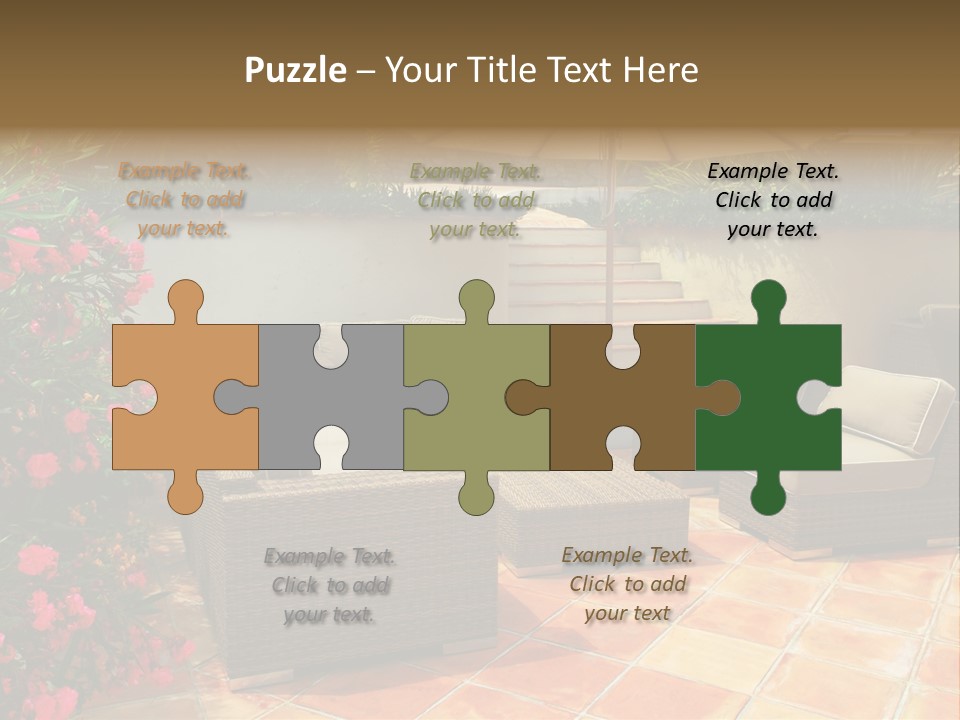 A Patio With A Couch, Chairs And An Umbrella PowerPoint Template