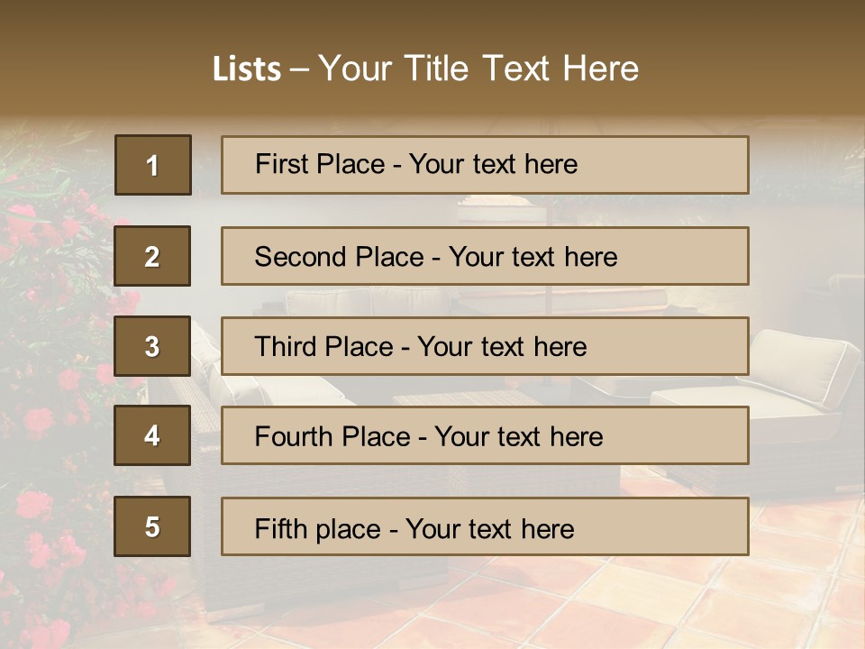 A Patio With A Couch, Chairs And An Umbrella PowerPoint Template