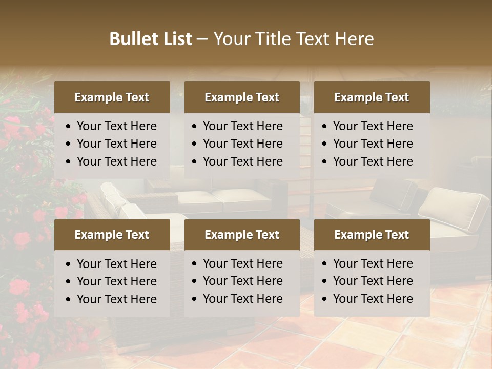 A Patio With A Couch, Chairs And An Umbrella PowerPoint Template